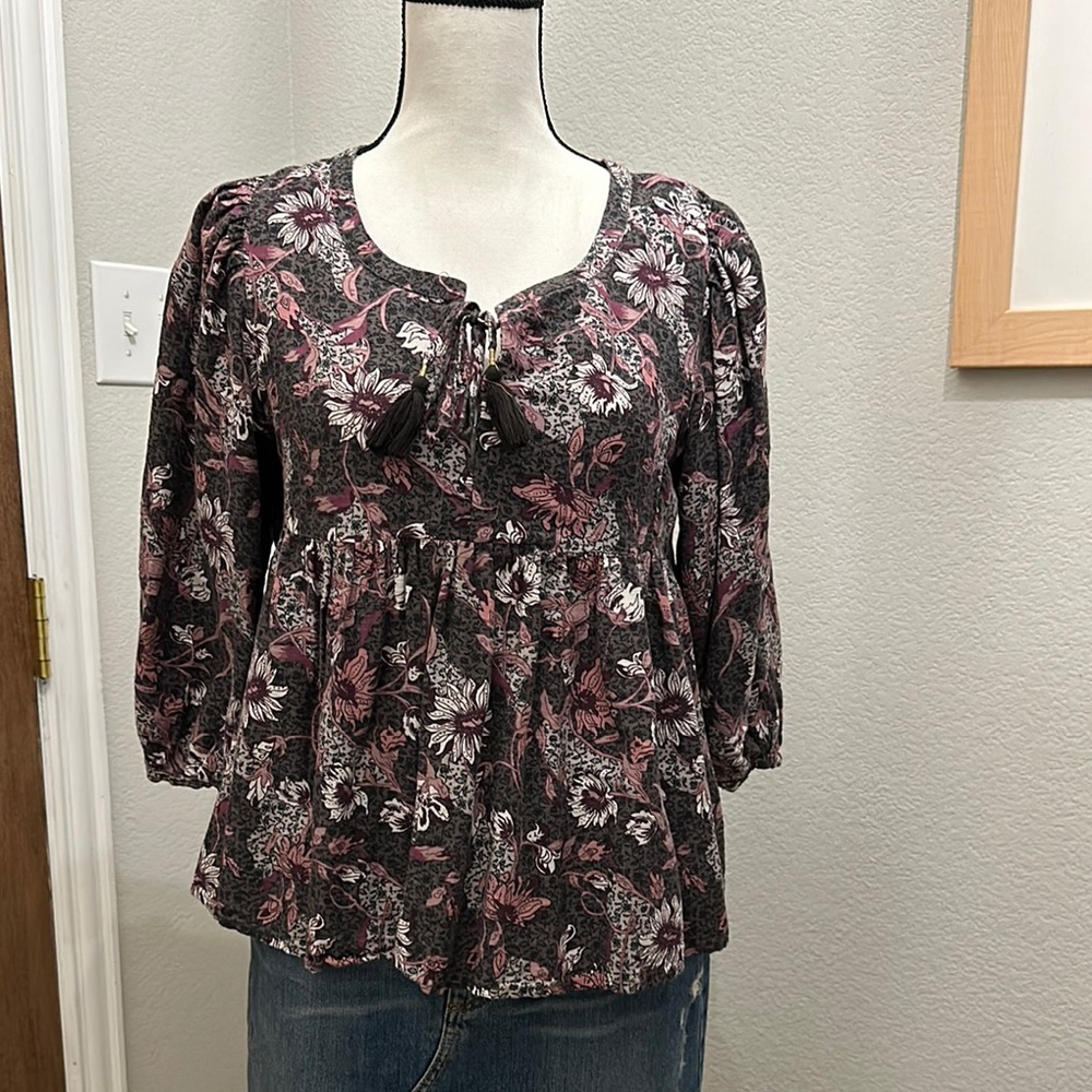 Lucky Brand-Floral Printed Peasant Top EUC